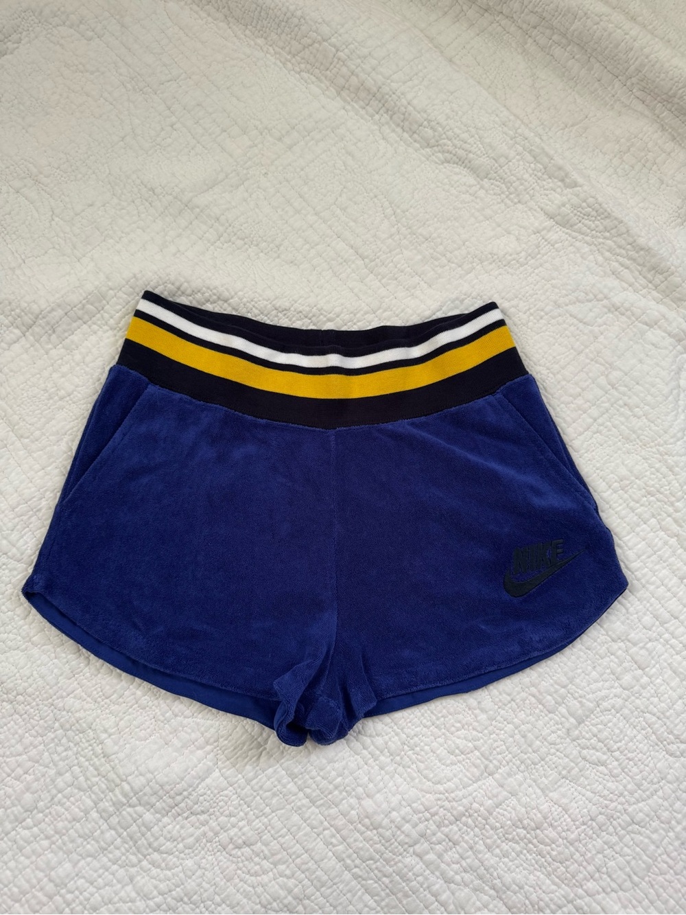 Nike Women's Blue Terry Athletic Shorts with Striped Waistband,